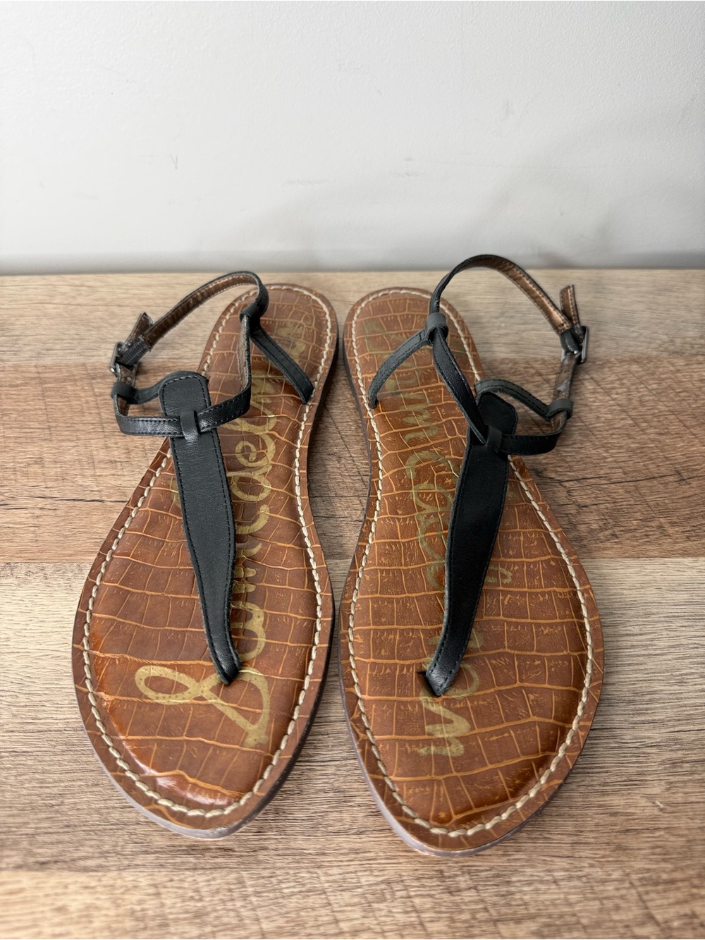 SAM EDELMAN Black Leather Gigi Sandals Flat Thong Gladiator Sling Back Size 9.5 - Picture 3 of 12